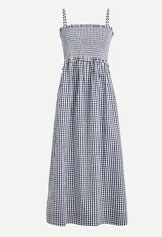 J. Crew Navy Gingham Smocked Dress - Large