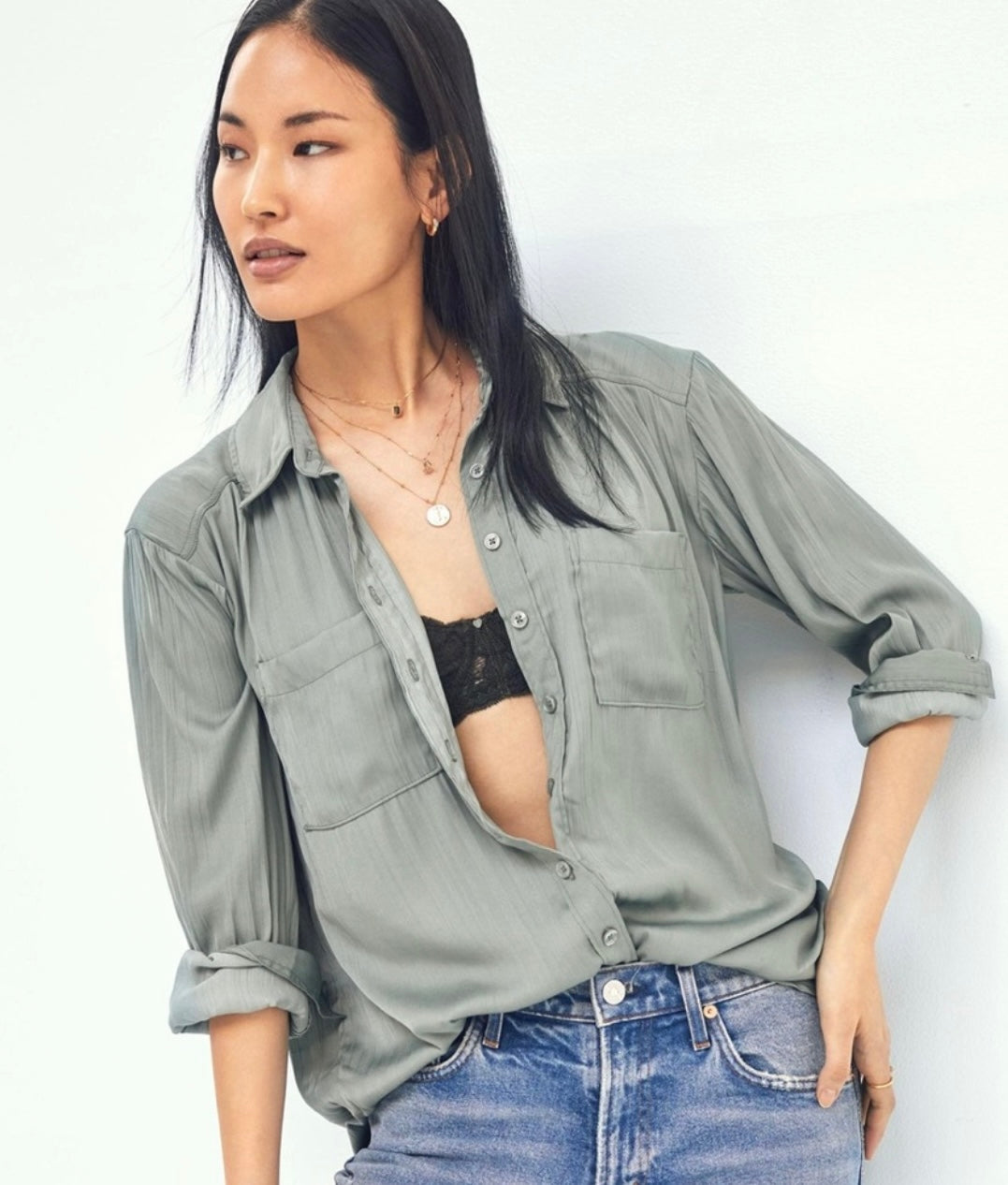 Anthropologie Green Satin Button Down - Small