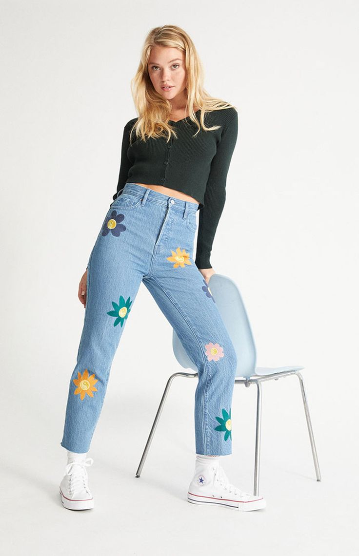 Pacsun Floral Smiley Face High Rise Embroidered Jeans - 25