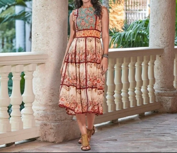 Sundance Brown Floral Lace Trim Dress - Medium