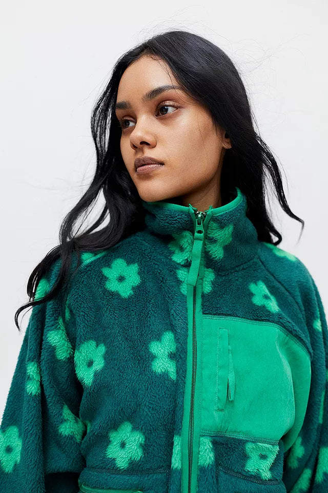 Urban Outfitters Green Floral Fleece Jacket - XS