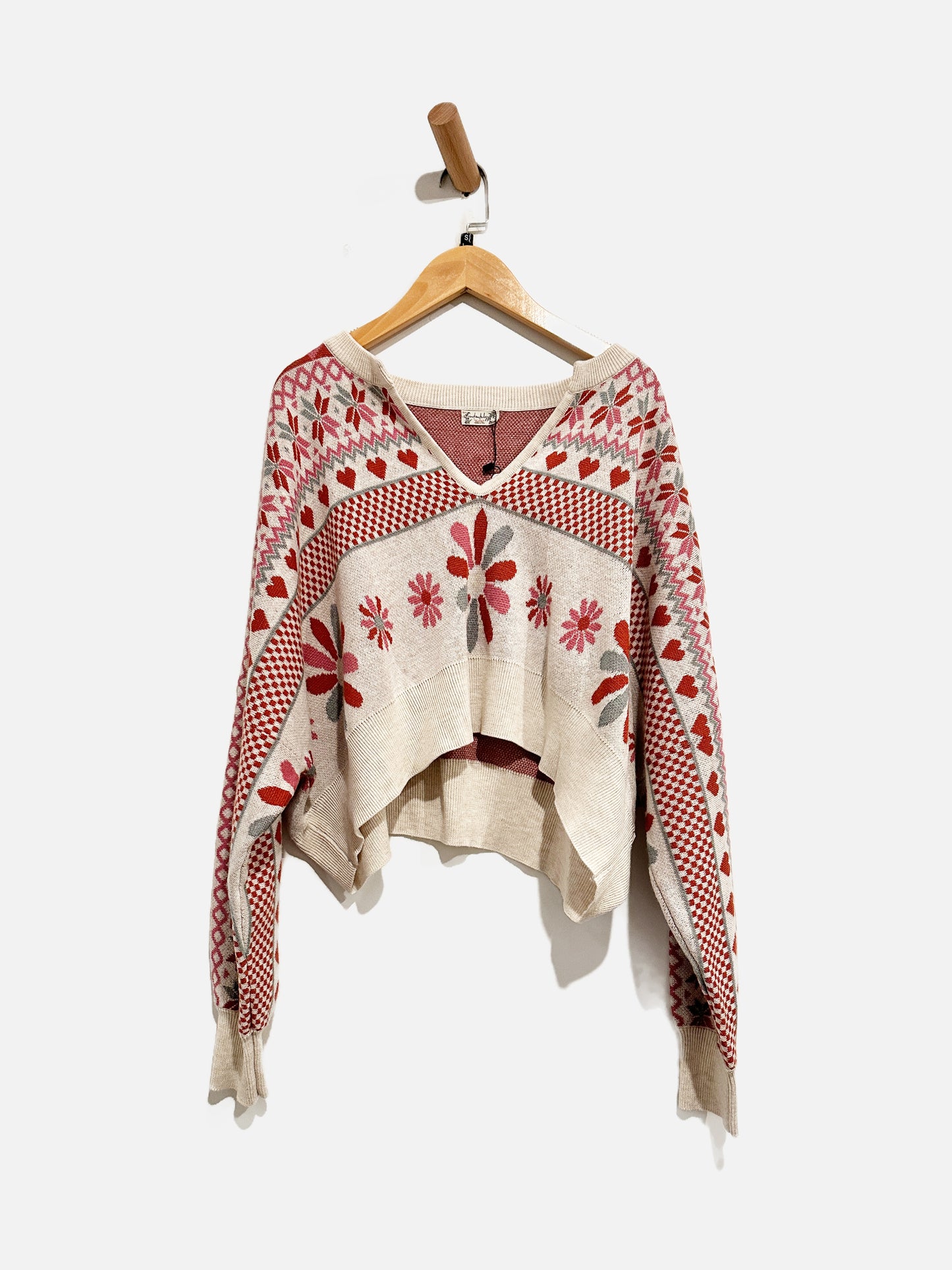 Free People White and Pink Heart/Flower Pullover - Small