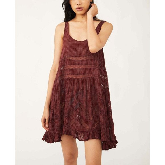 Free People Plum Polka Dot Trapeze Mini Dress - XS