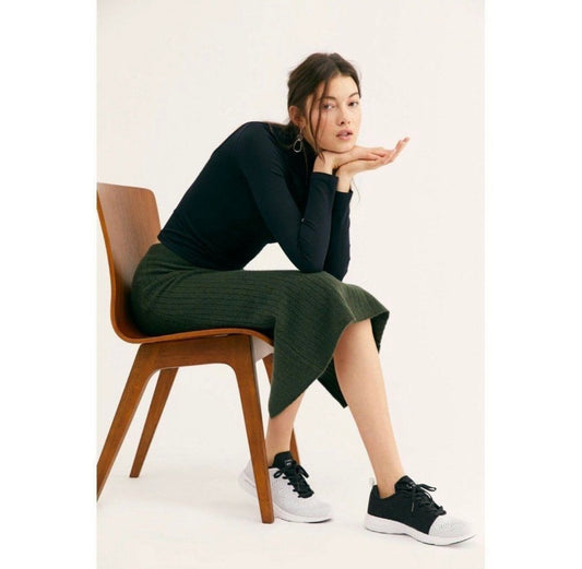 Free People Skyline Midi Green Ribbed Skirt - Small