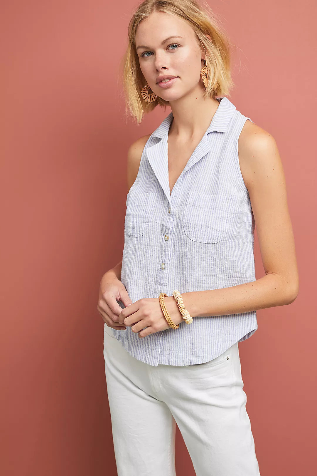 Anthropologie Maeve Blue and White Stripe Button Down Tank - 4