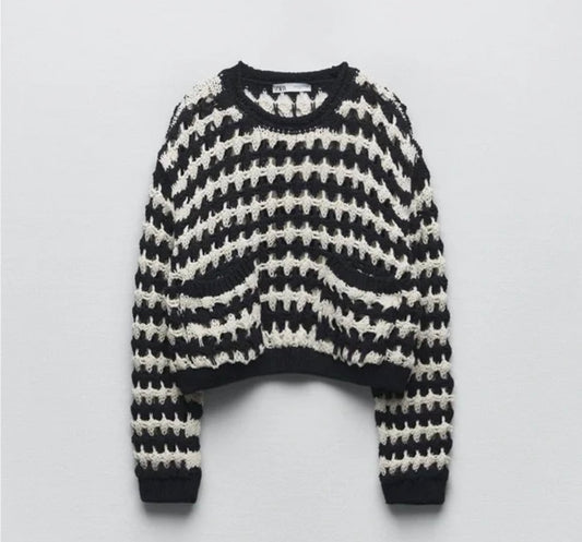 Zara Black and White Open Knit Cropped Sweater - Medium
