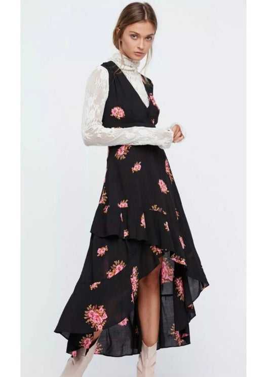 Free People Black Floral Hi-Low Midi Dress - 4