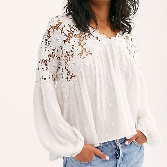 Free People White Lace Floral Blouse - Small