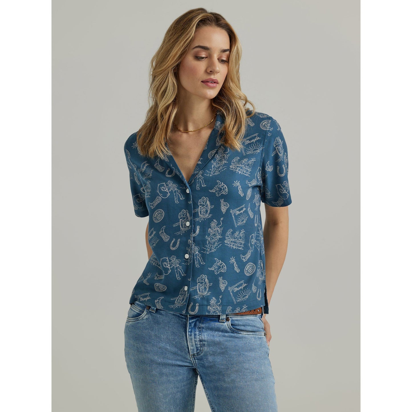 Wrangler Blue Graphic Button Down SS - Small