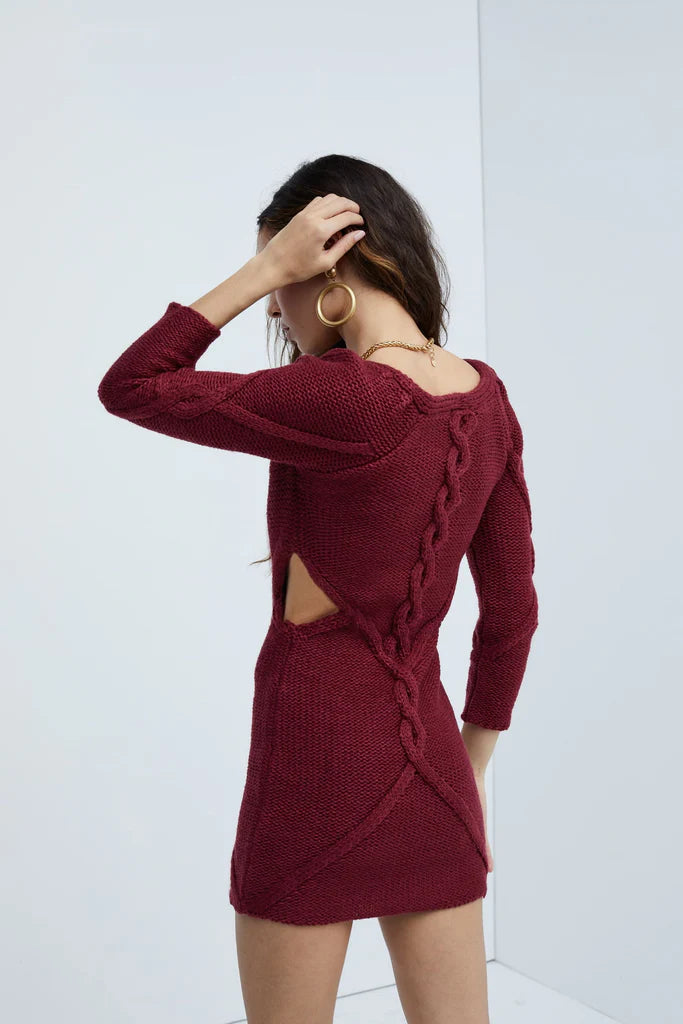 For Love & Lemons Maroon Cable Knit Cut Out Dress - Large