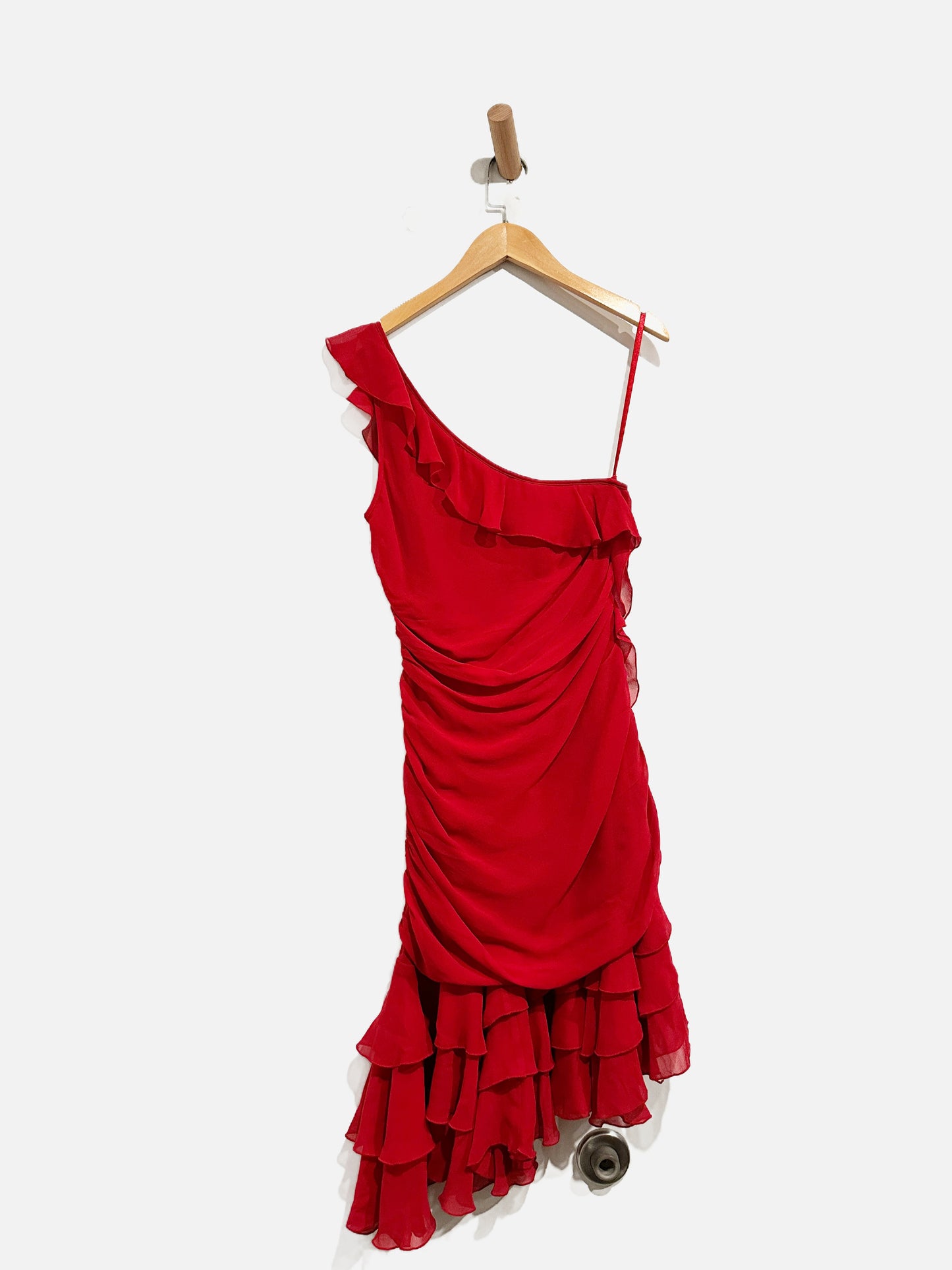Express Y2K Red Silk Ruffle Asymmetric Dress - 4