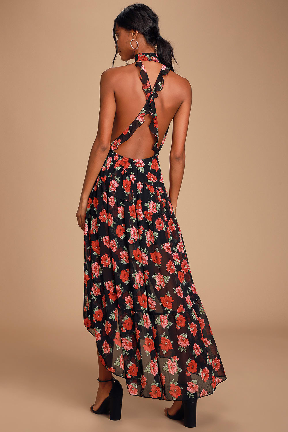 Lulus Black Floral Halter Midi Dress - Medium
