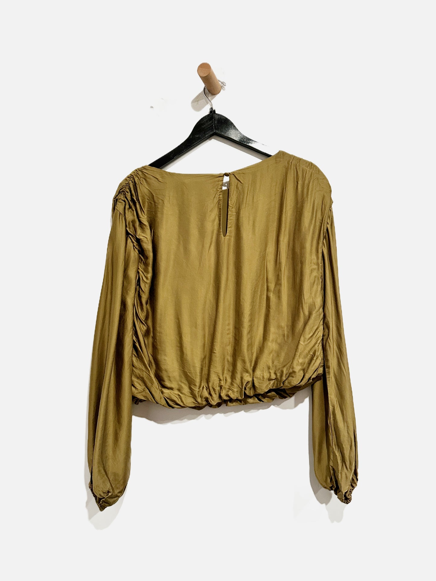 Anthropologie Green Satin LS Top - XS
