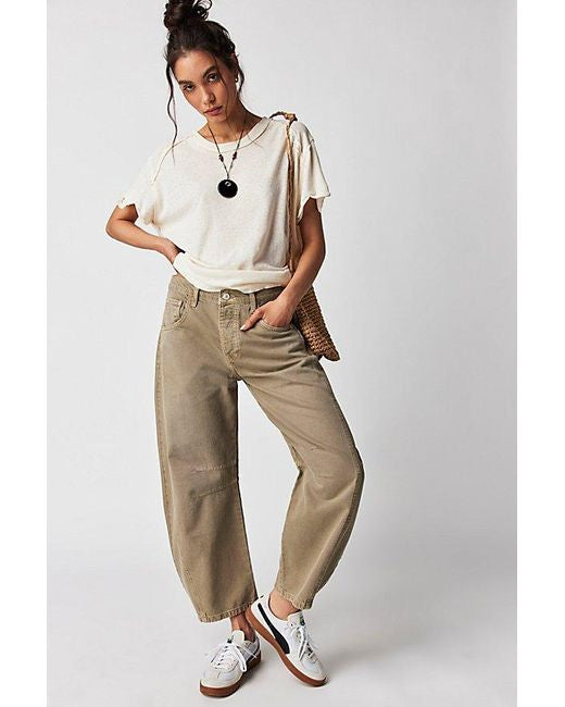 Free People Good Luck Mid Rise Barrel Leg Jeans in Khaki Taupe - 32