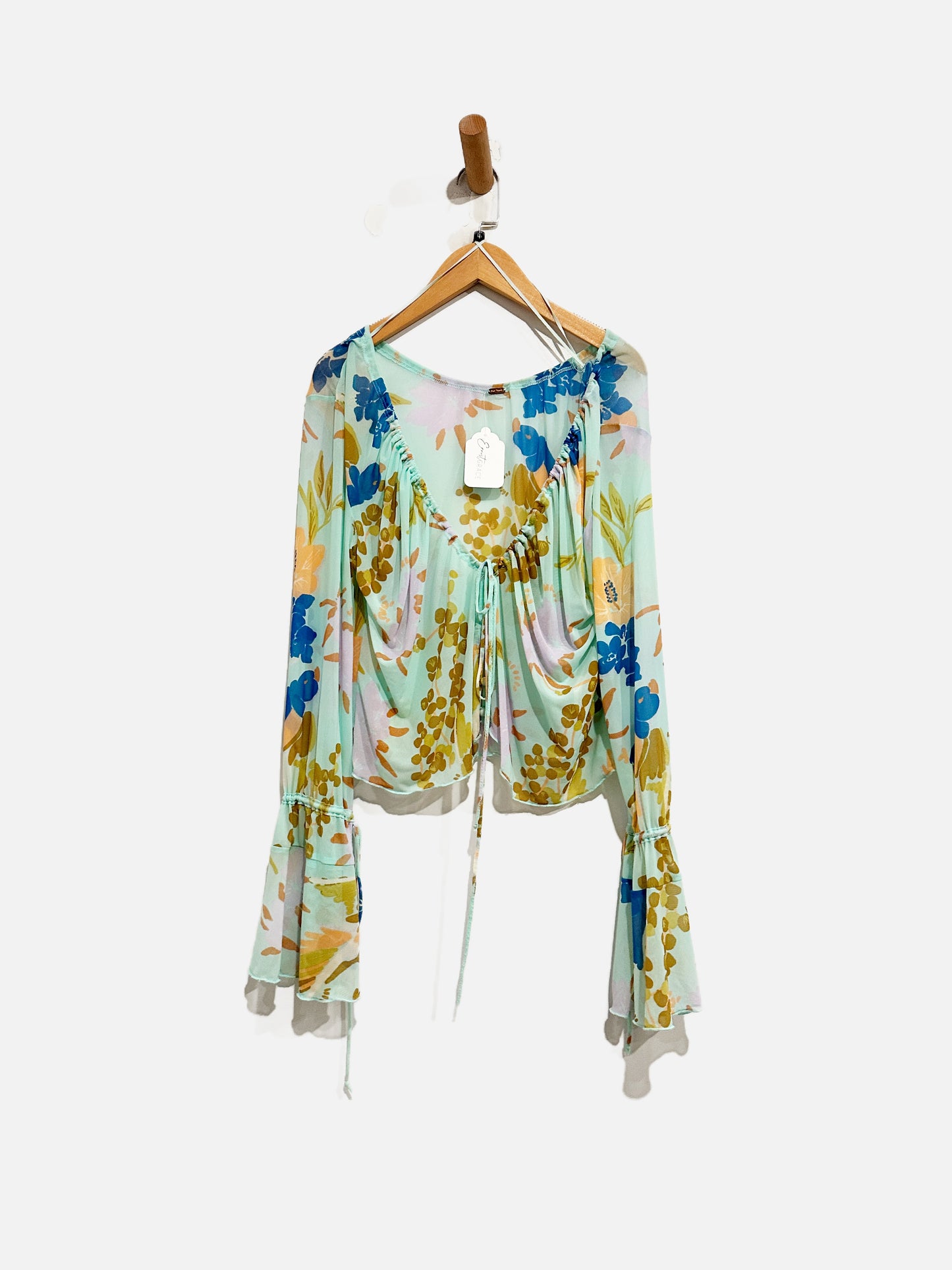 Free People of Paradise Blue Mesh Bell Sleeve Top