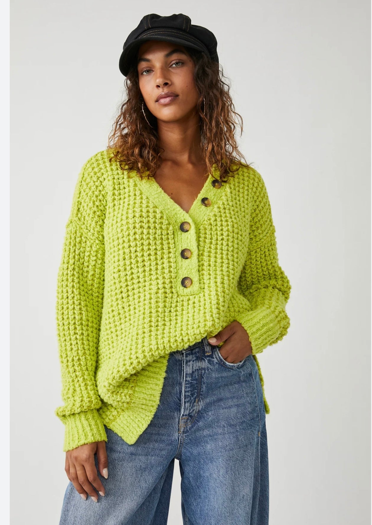 Free People Lime Button Front Cable Knit Sweater - Medium