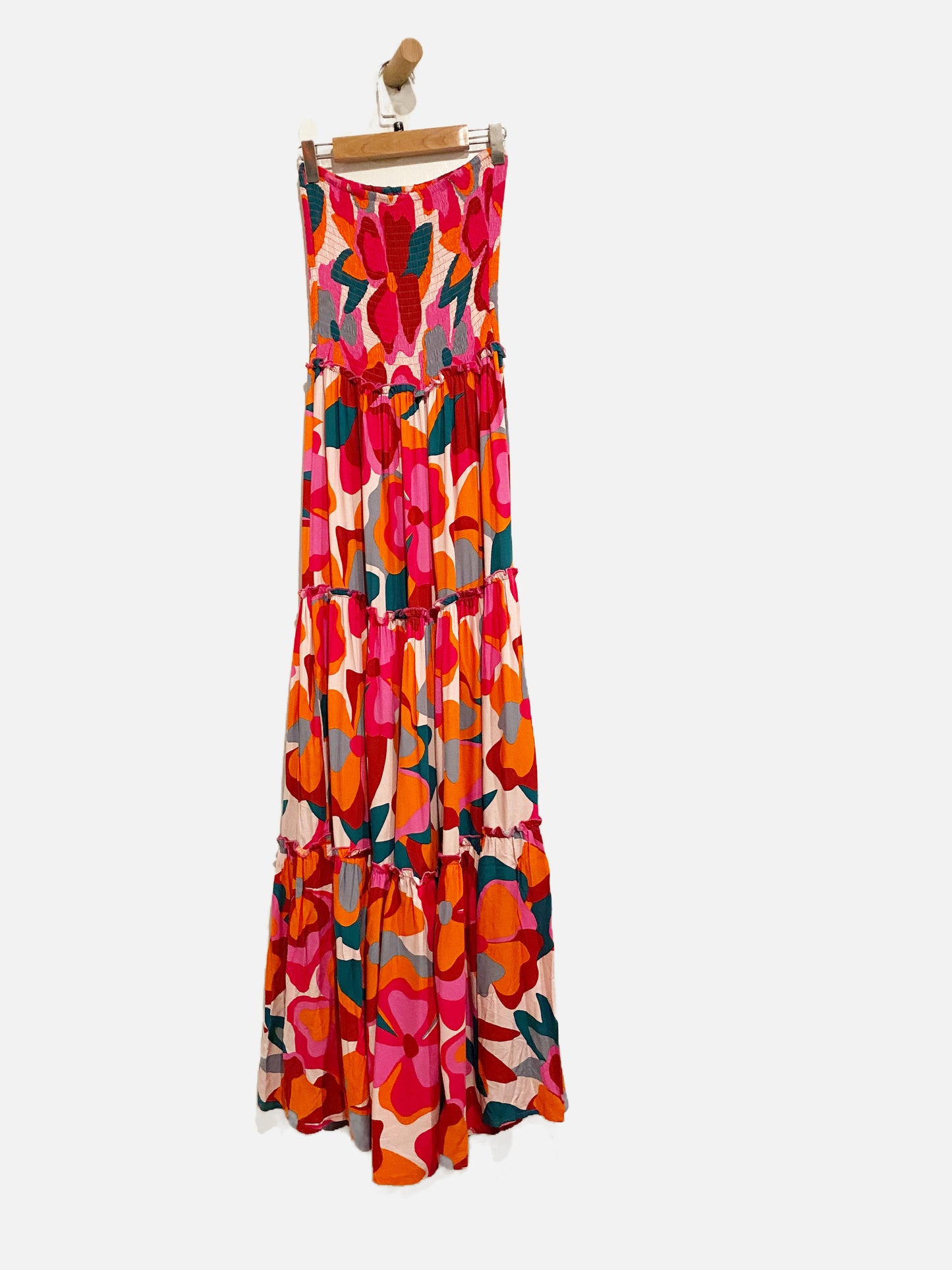 Abel the Label Pink Floral Smocked Strapless Midi Dress - Small