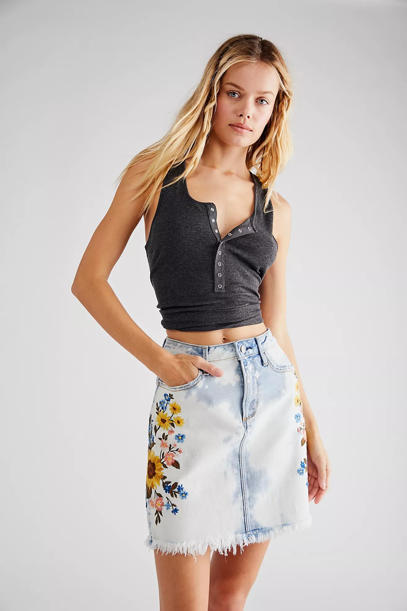Driftwood Denim Embroidered Skirt - 26