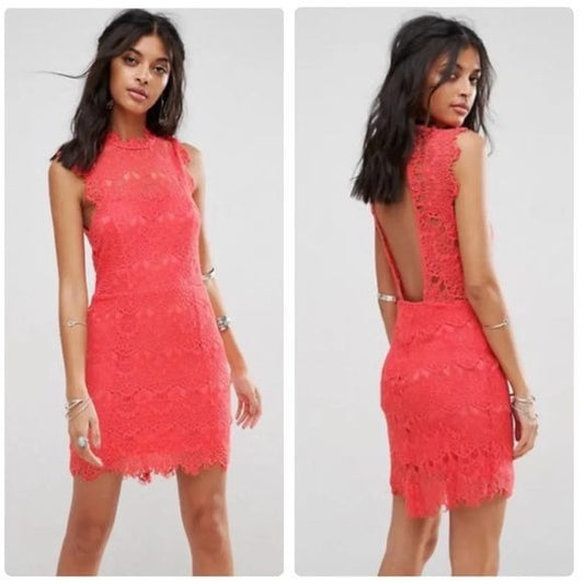 Free People NWT Daydream Lace Mini Dress in Coral Size Small