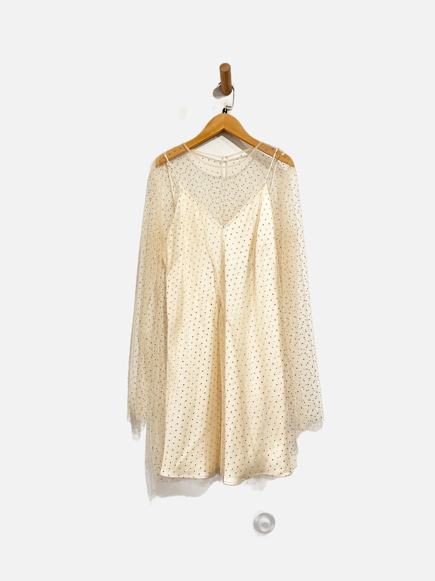 Zara White Rhinestone Sheer Mini Dress - Large