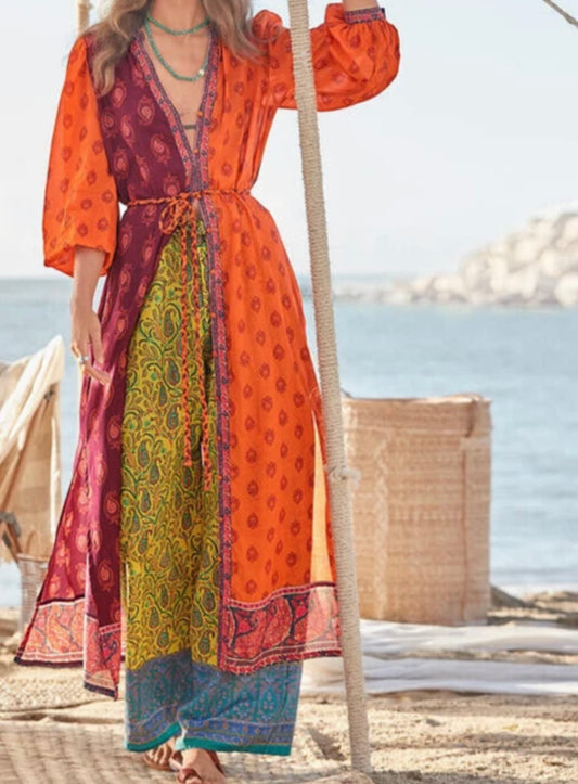 Sundance Orange & Burgundy Paisley Maxi Dress - M