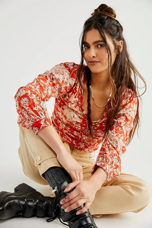 Free People Say the Word Ruched Floral V-Neck - XS