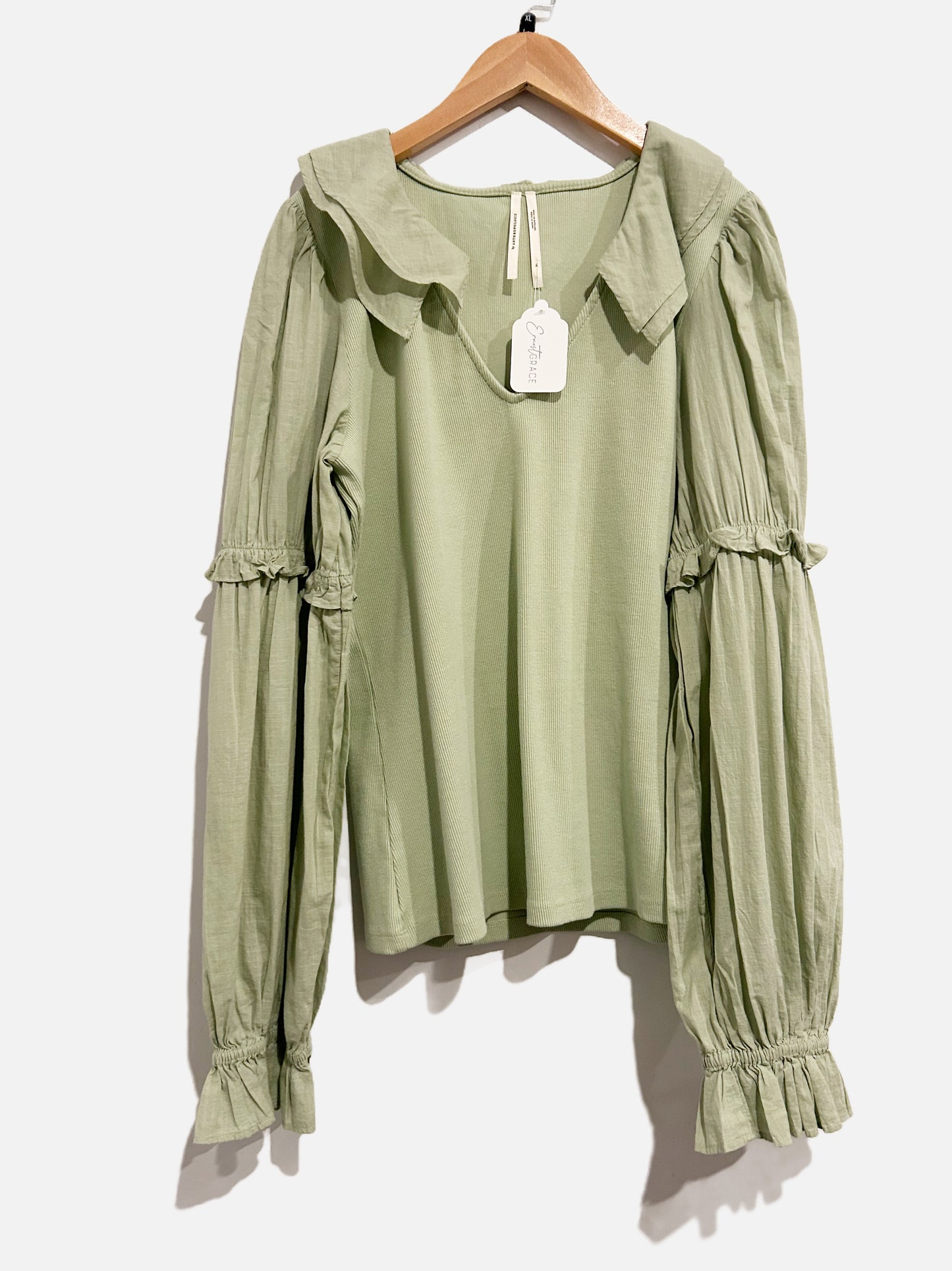 Anthropologie Green Ruffle Blouse - XL
