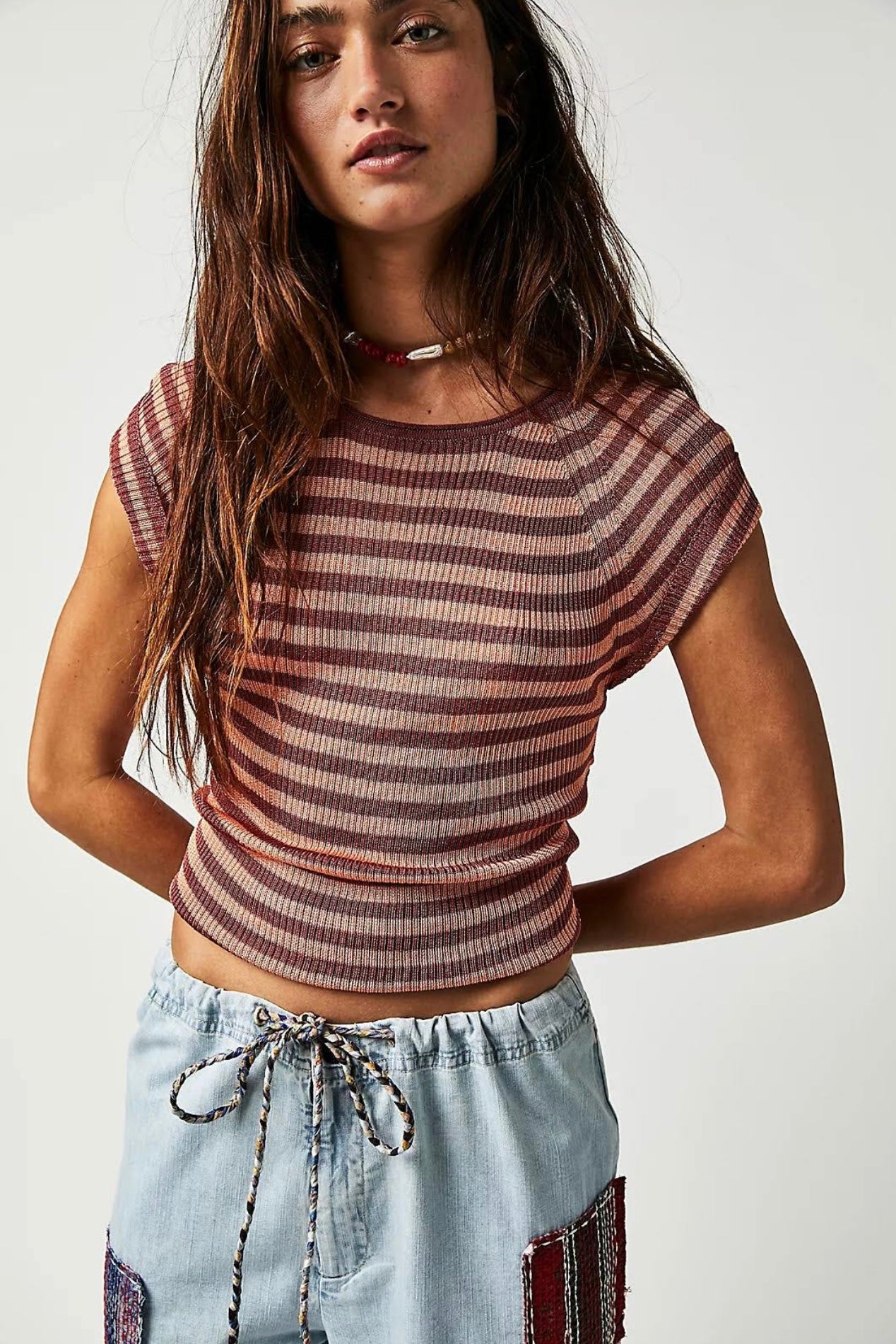Free People Orange and Pink Stripe Tee - Small