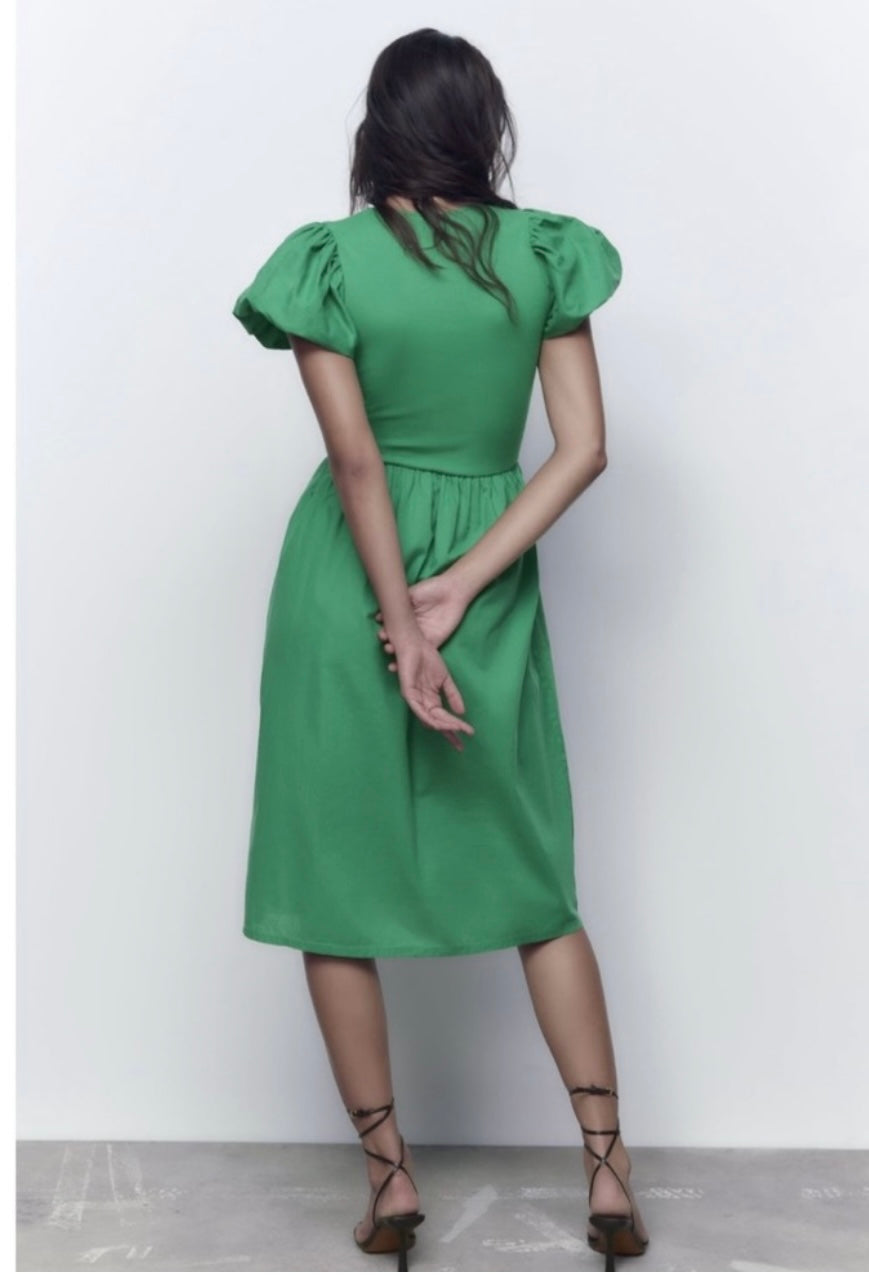 Zara Green Puff Sleeve Midi Dress - Large