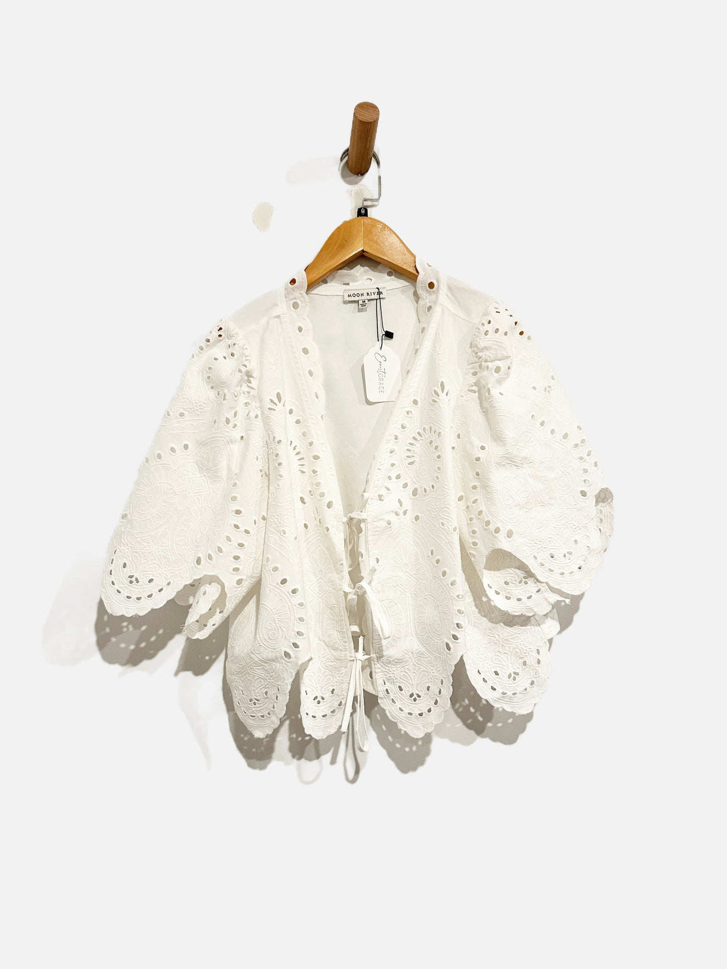 Moon River White Eyelet Tie Front Blouse - Medium