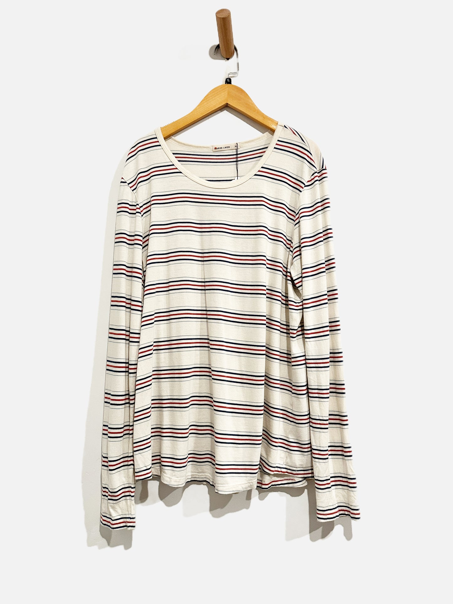 Marine Layer White and Red Stripe LS Tee - XL
