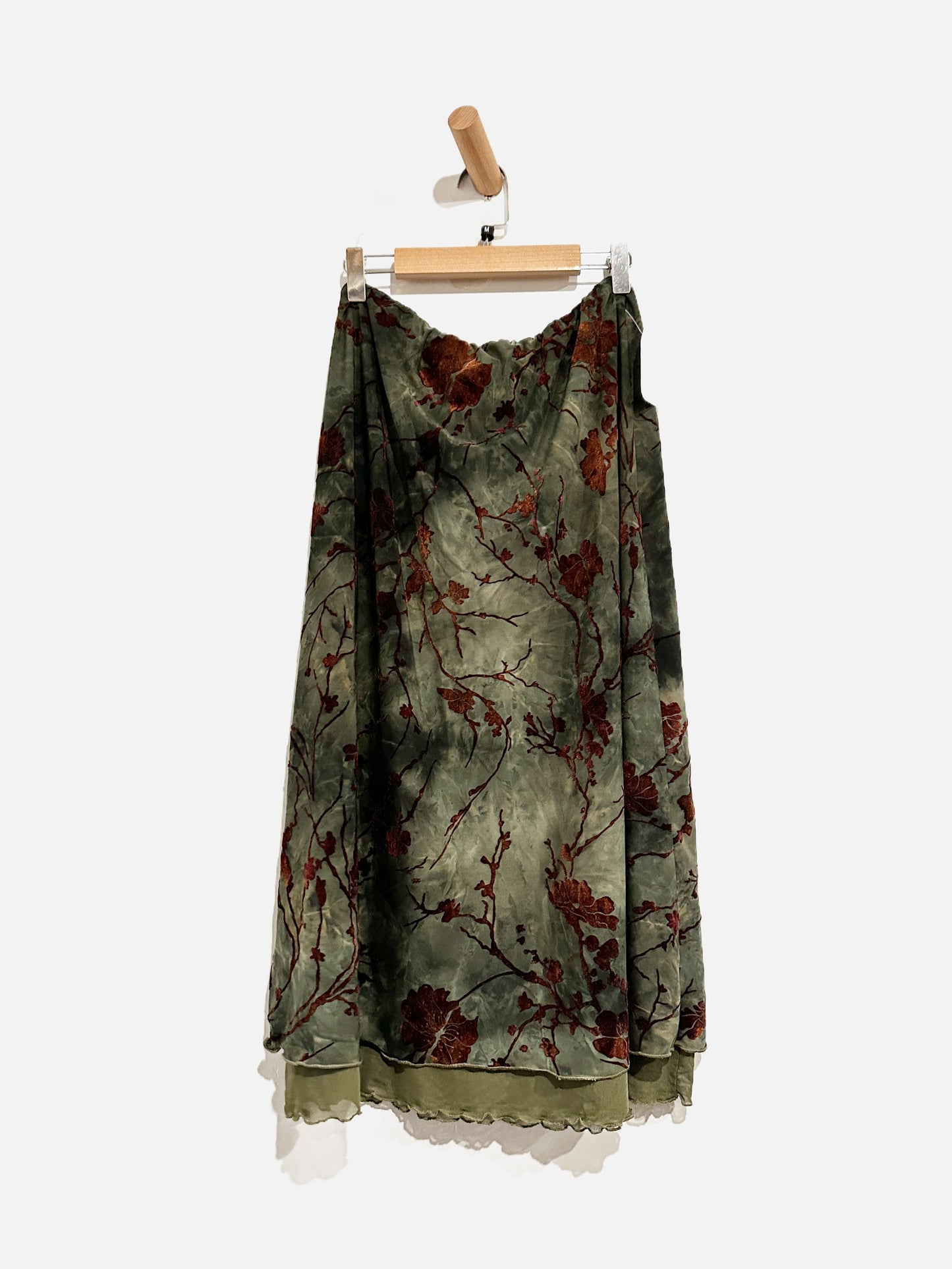 Green Tie Dye Brown Floral Velvet Midi Skirt - Medium