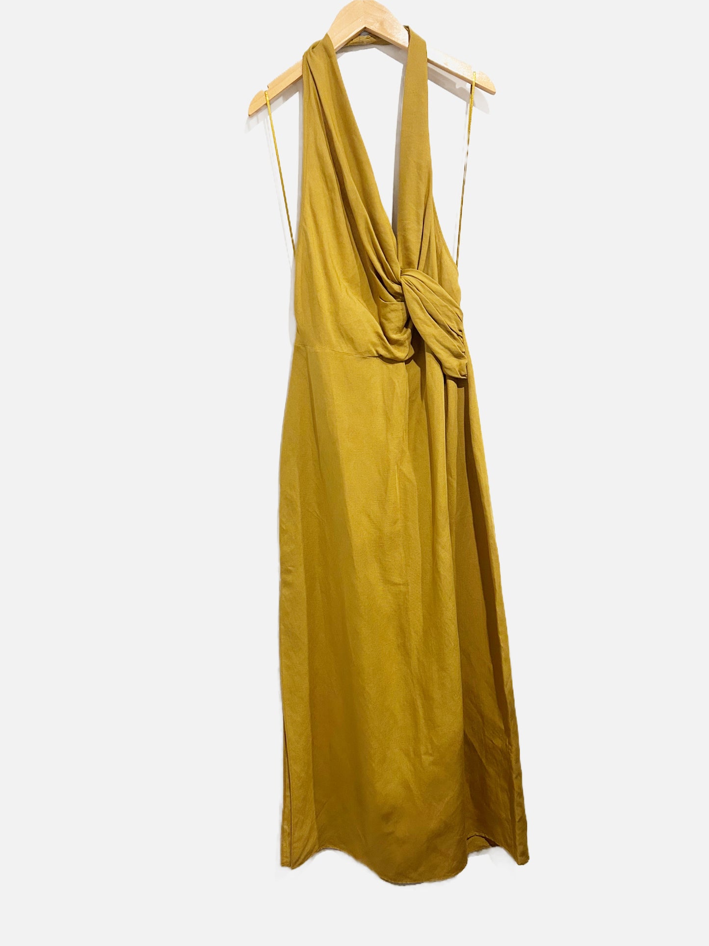 Zara Mustard Yellow Linen Halter Midi Dress - Large