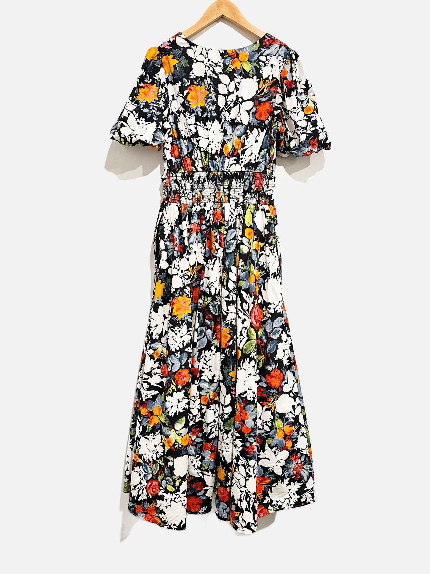 Anthropologie Black Floral Puff Sleeve Midi Dress - Small