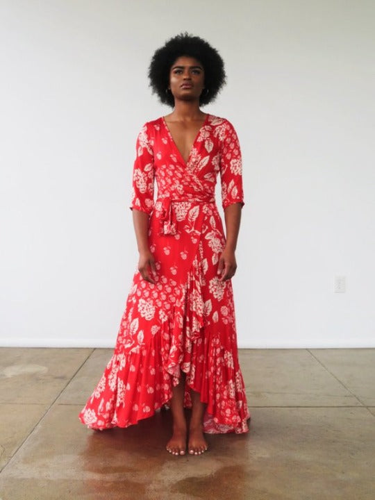 Tysa Red Floral Maxi Wrap Dress - 0/XS