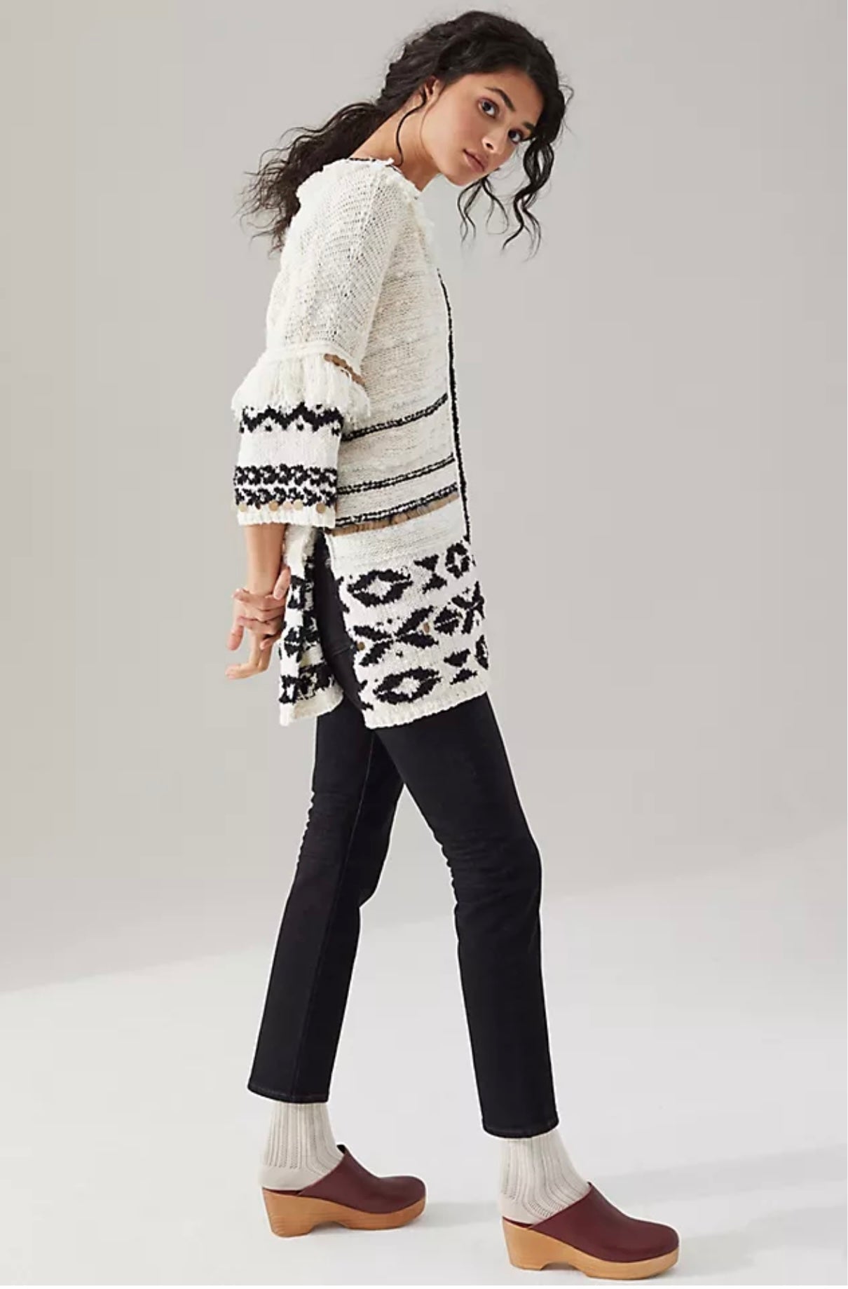 Anthropologie White and Black Pullover Fringe Sweater - XS/S