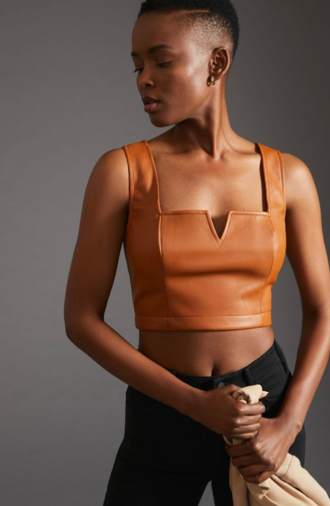 Anthropologie Maeve Tan Faux Leather Notch Crop Top - 2