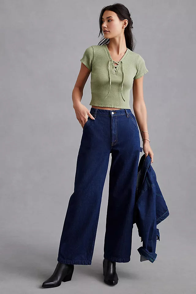 Anthropologie Green Ribbed SS Top - Large