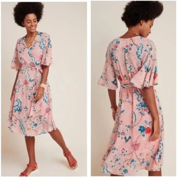 Anthropologie Red Floral Maxi Wrap Dress - Large