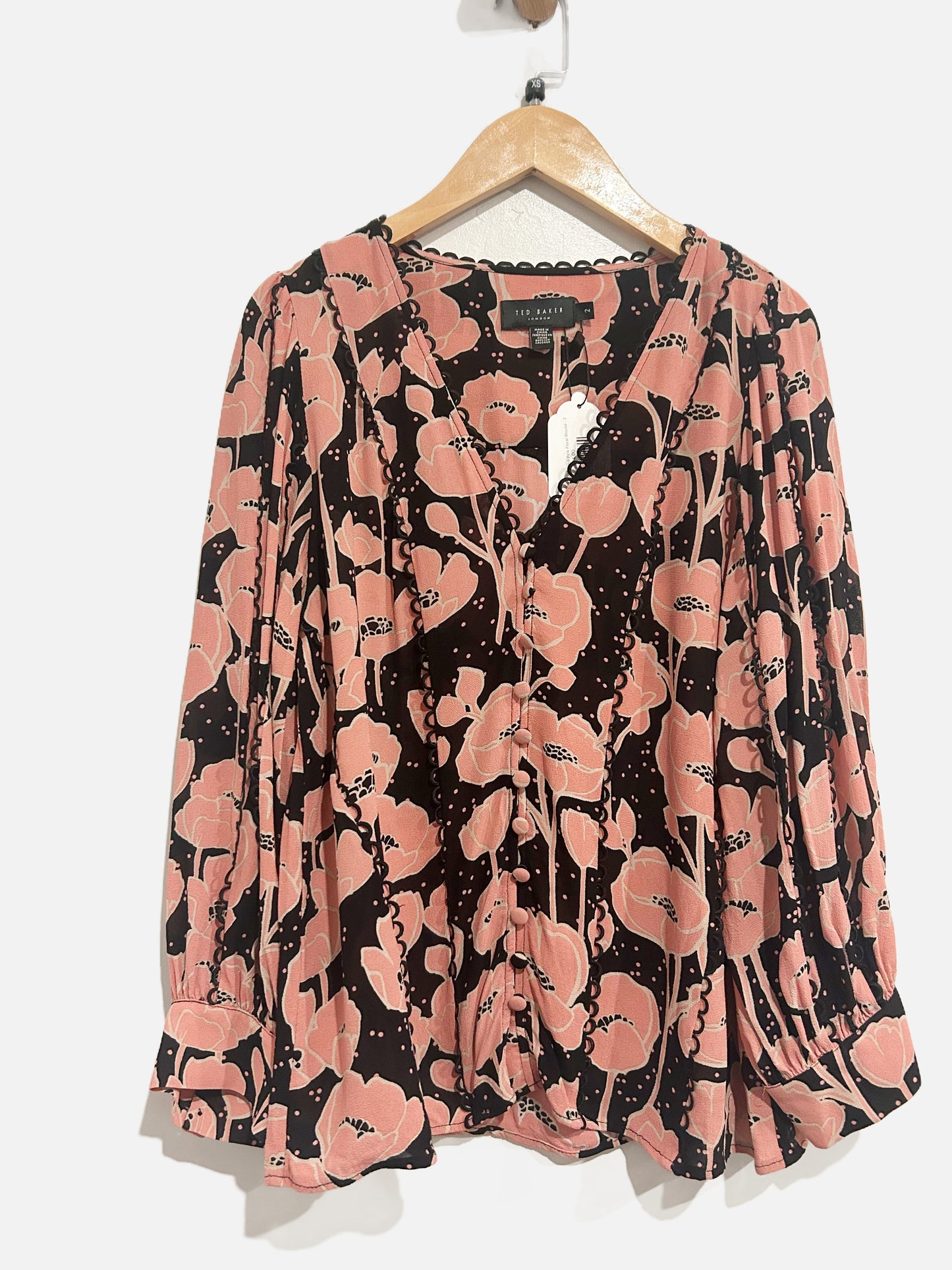 Ted Baker Stephii Black and Pink Floral Blouse - 2/Medium