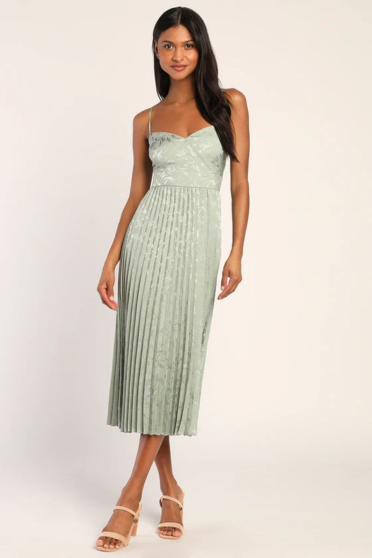 Lulus Green Satin Pleated Floral Midi Dress - Large