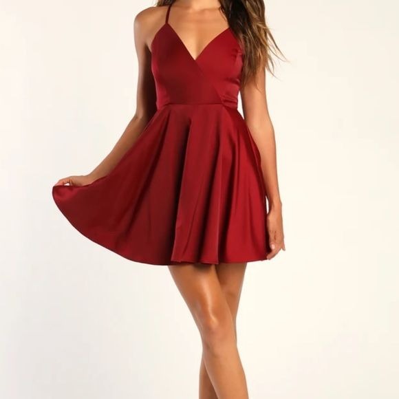 NWT Lulus Add Some Glam Wine Red Satin Tie-Back Skater Dress Size Larg Ernest Grace NWT Lulus Add Some Glam Wine Red Satin Tie-Back Skater Dress Size Larg Ernest Grace