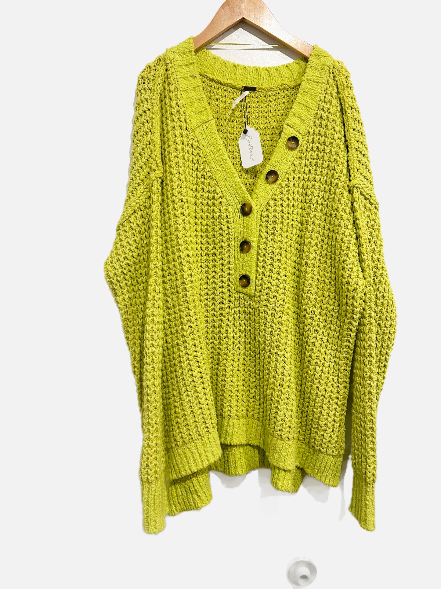 Free People Lime Button Front Cable Knit Sweater - Medium