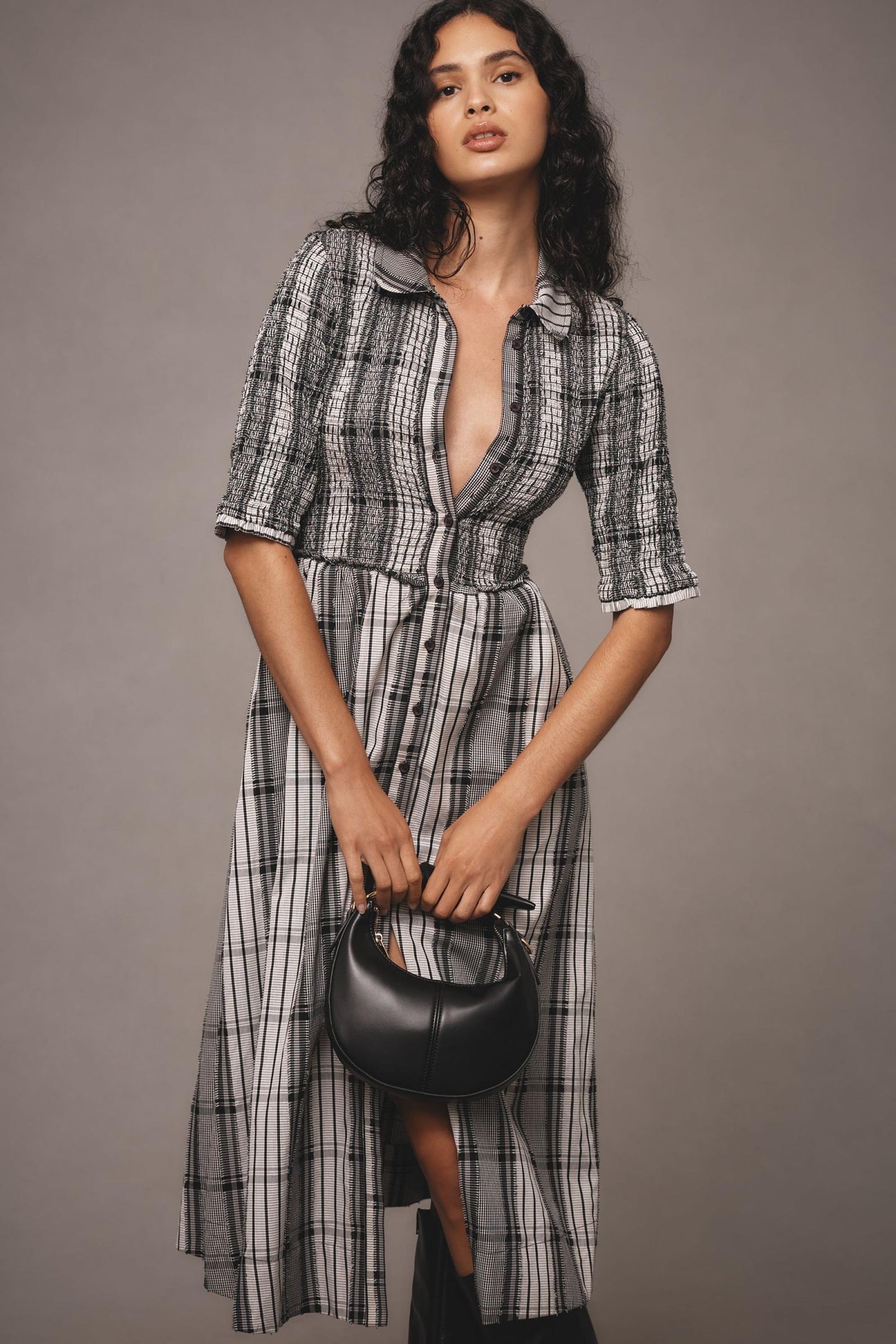 Anthropologie Maeve Black and White Plaid Smocked Maxi Dress - Small