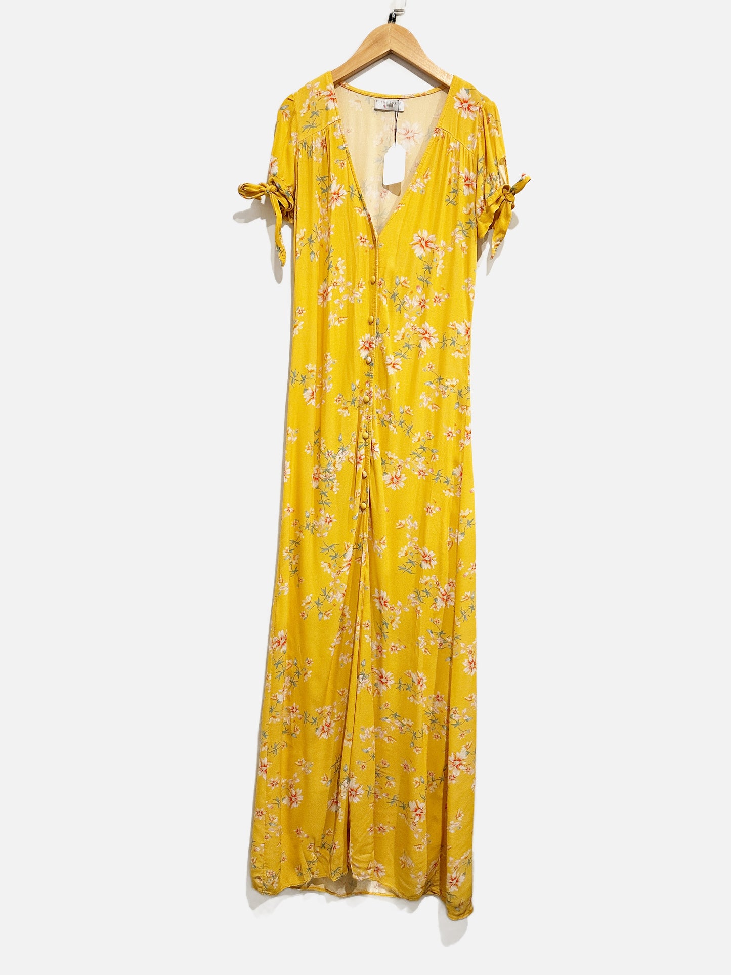 $$ Flynn Skye Yellow Floral Midi Button Down Dress - XS