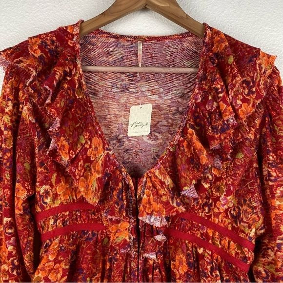Free People Rudi Ruffle Top in Cherry Combo Size Small