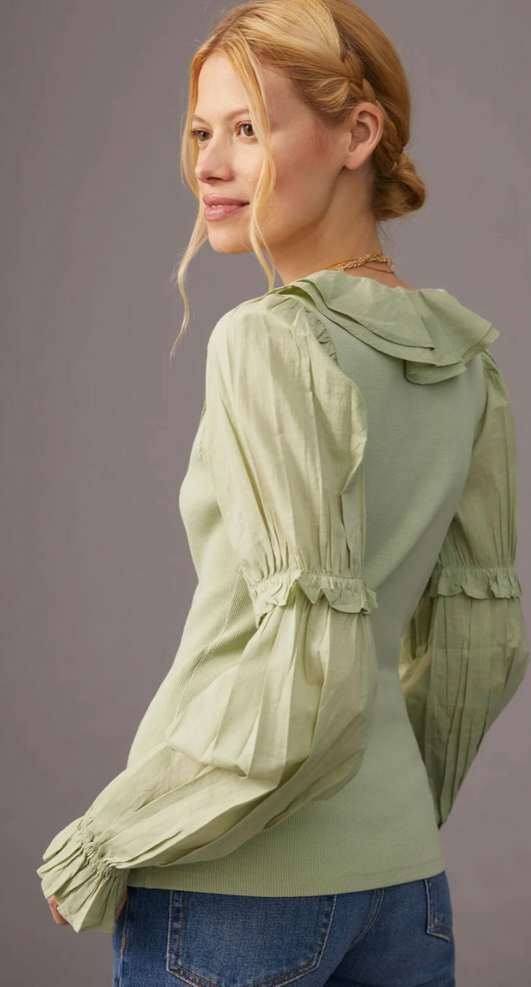 Anthropologie Green Ruffle Blouse - XL