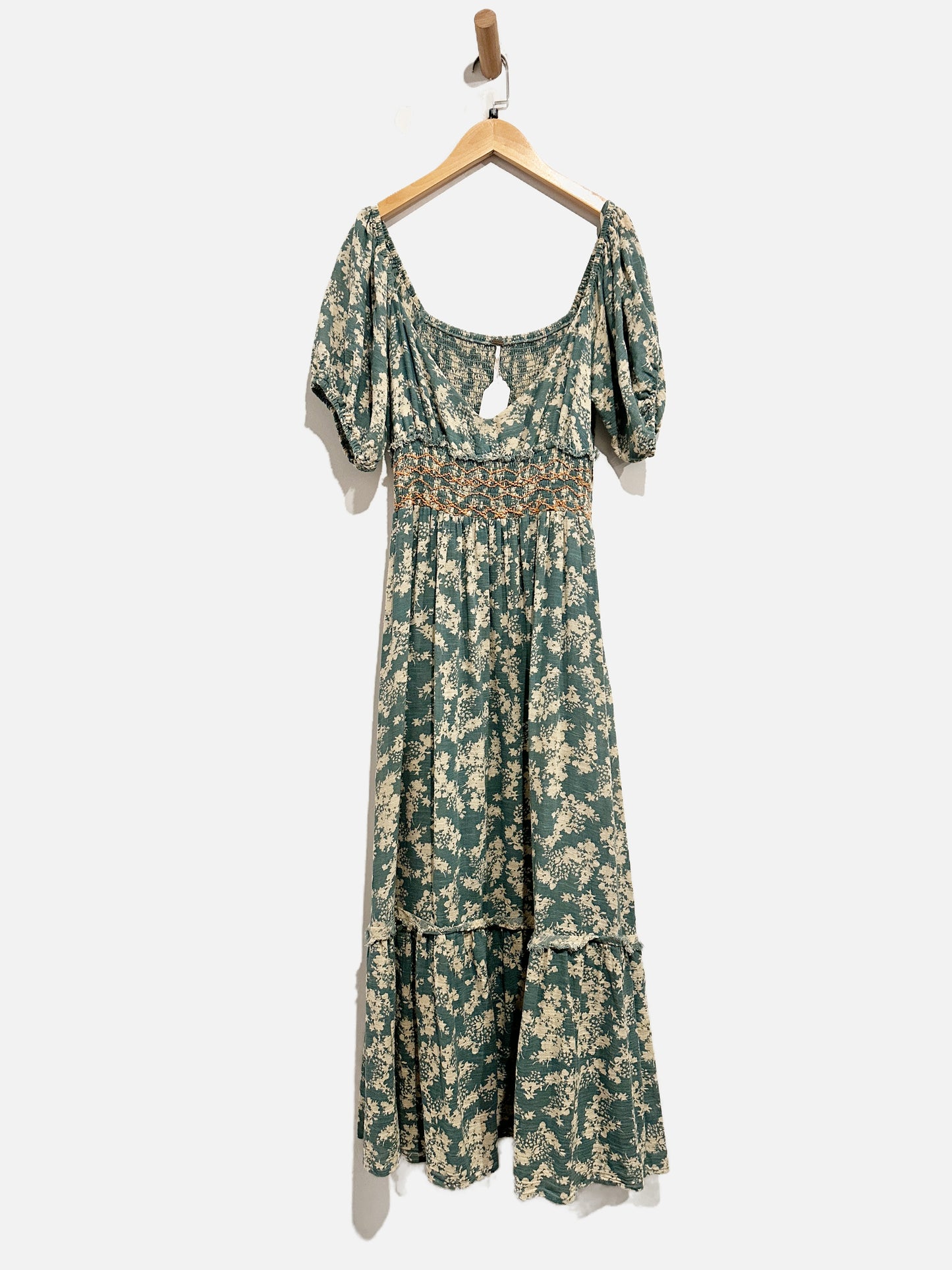 Free People Ellie Green Floral Smocked Midi Dress - Medium
