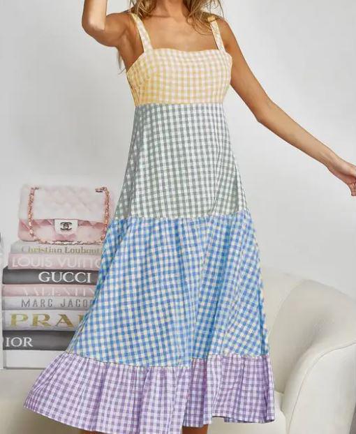 Bibi Colorful Gingham Tiered Maxi Dress - Large