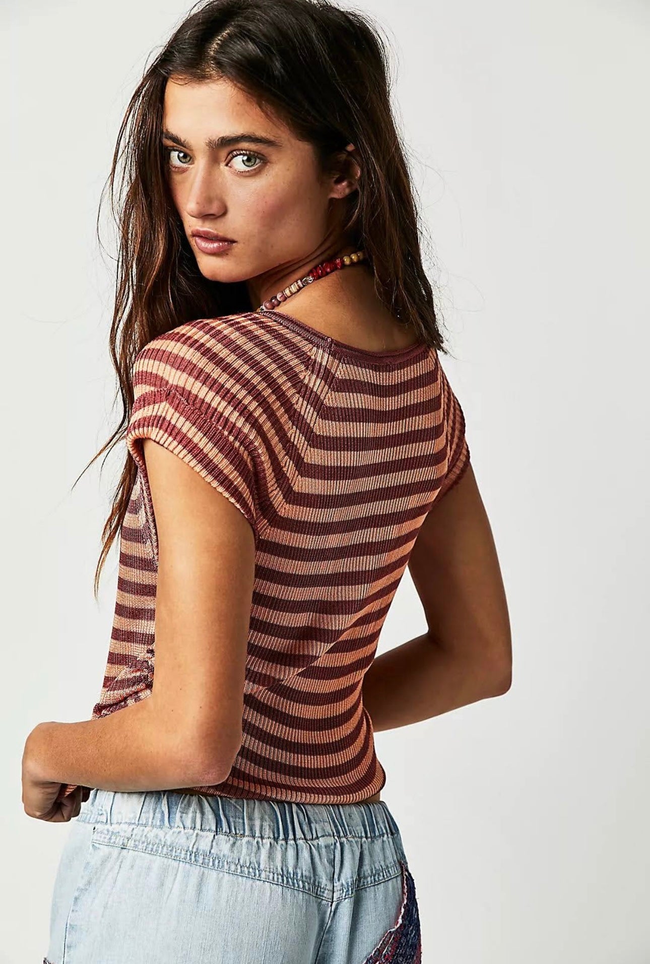 Free People Orange and Pink Stripe Tee - Small